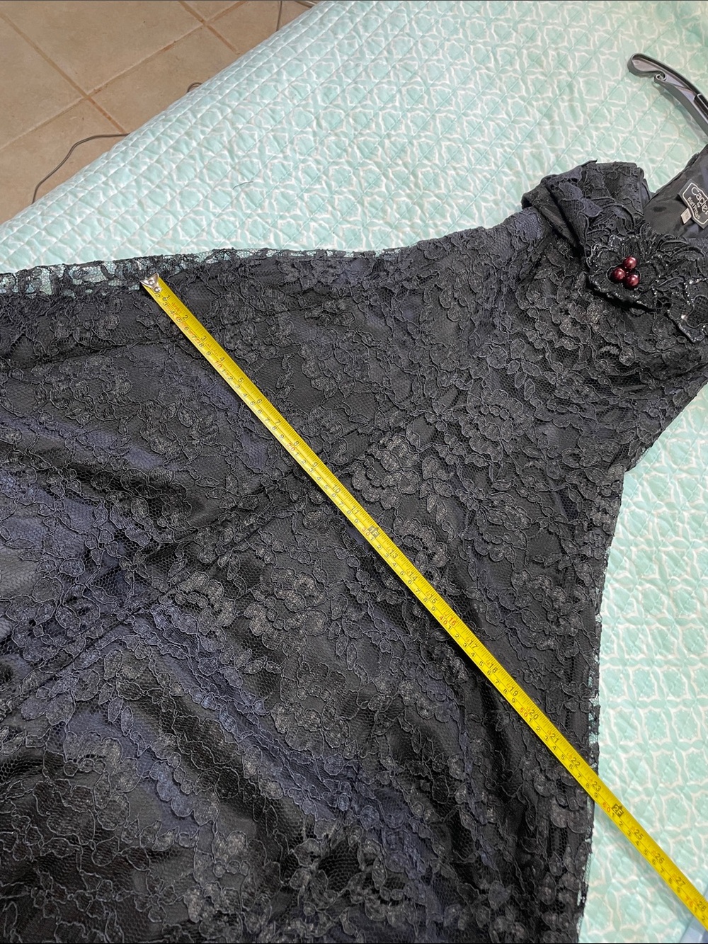 lace vintage off the shoulder, midi dress with purple pearl beading - Picture 8 of 9